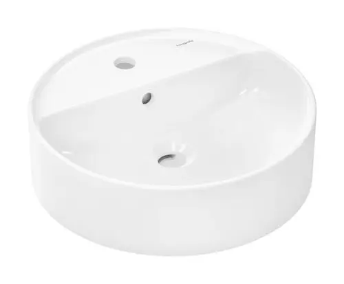 Runder Aufsatzwaschtisch in Weiß von Hansgrohe mit zwei Löchern, einem Überlauf und einer halbierten Innenteilung.